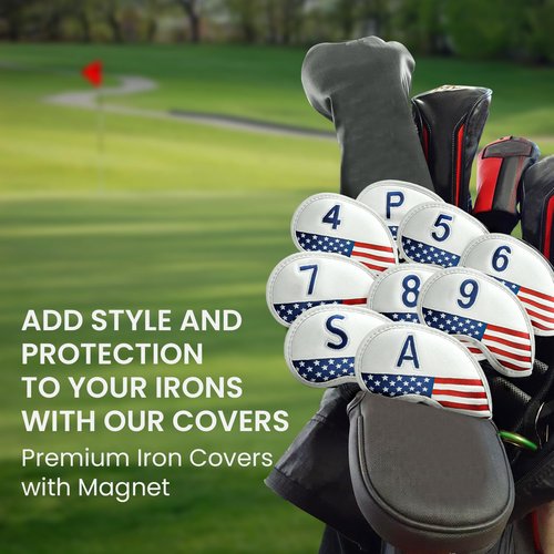 Amy Sport Golf Iron Head Covers Strong Magnetic Closure Value 9 Pack, Premium Synthetic Leather Deluxe Headcovers USA Flag Design, Universal Head Cover Fit Main Irons Clubs (White-USA Flag)