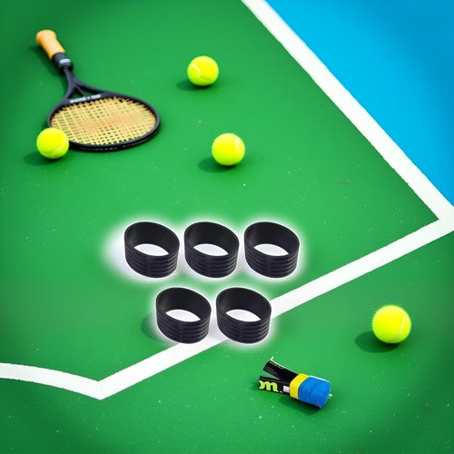 Sluswallow 5Pcs Black Tennis Racket Handle Rubber Ring Stretchy Tennis Racquet Band Overgrips, Tennis Racket Grips Racquet Accessories