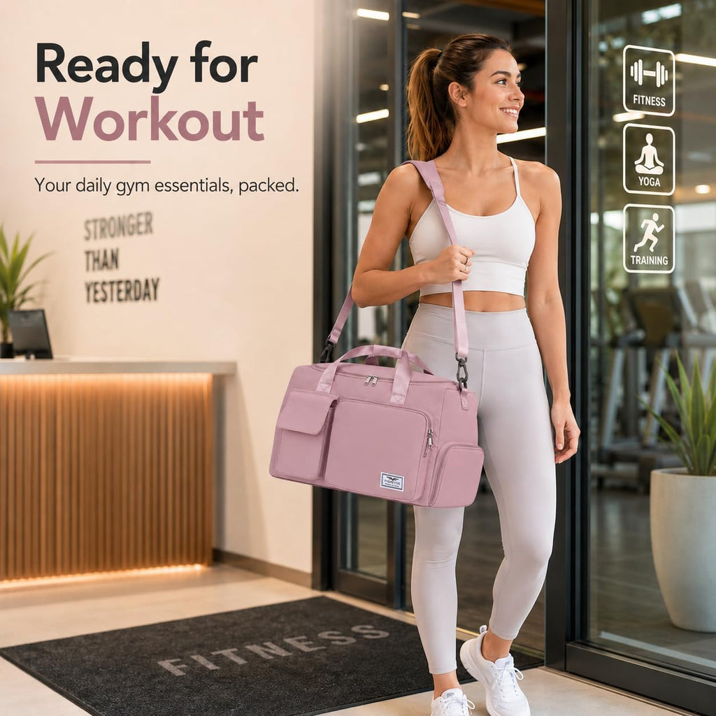 FIORETTO Women's Gym Duffle Bag with Shoes Compartment, 30L Capacity, Ideal for Travel, Gym, Sports, Duffel, Weekender, Pink