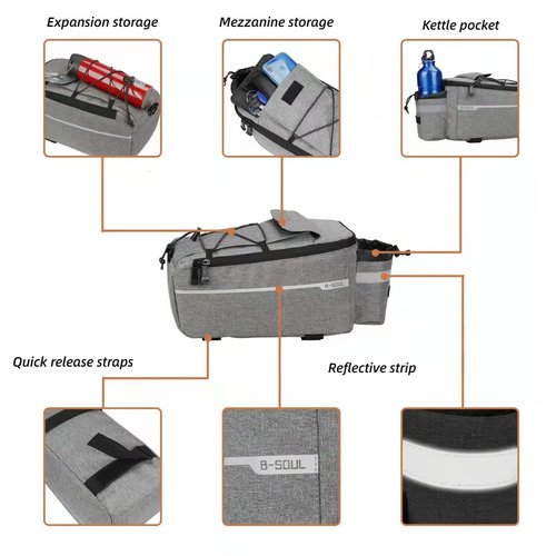 ZTZ Bike Rack Bag, Bicycle Rear Rack Storage Luggage, 8L Insulated Trunk Bag, Waterproof with Reflective Stripes (Black)