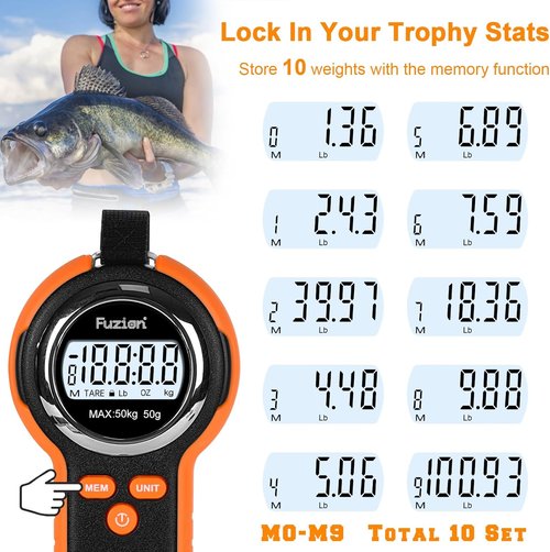 Fuzion Professional Fishing Scale - 110lb Waterproof Capacity, Night Light & Memory | Portable Weigh Kit with Lip Gripper, Batteries & Pouch
