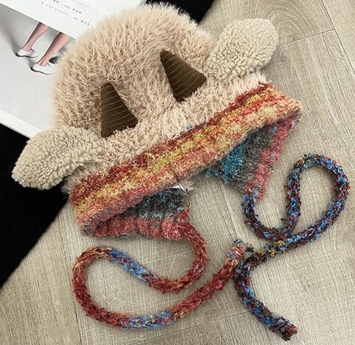 Winter Warm Plush Faux Fur Knitted Animal Hat Cozy Cute Horns Sheep Ears Beanie Cap Ear Flap Thick Lining Crochet Hats 2026 Khaki