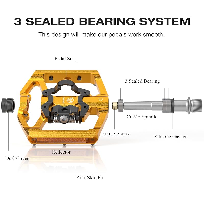 Dual Sided Mountain Bike Pedals with Reflectors - 9/16" Sealed Bearings, Clipless & Platform, GEWAGE (Glod)