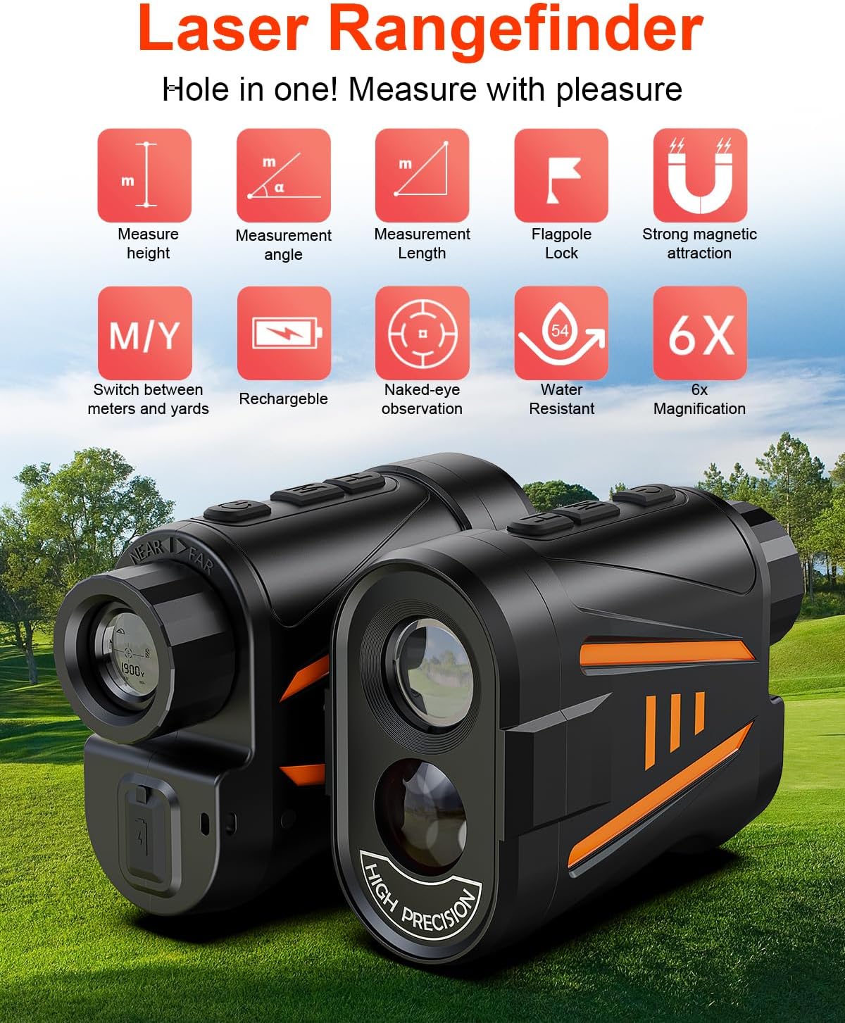 Skiennix Golf Laser Rangefinder - Slope Compensation & Flag Lock Vibration | 1900 Yards Range, 6X HD Magnification, Magnetic USB-C Rechargeable