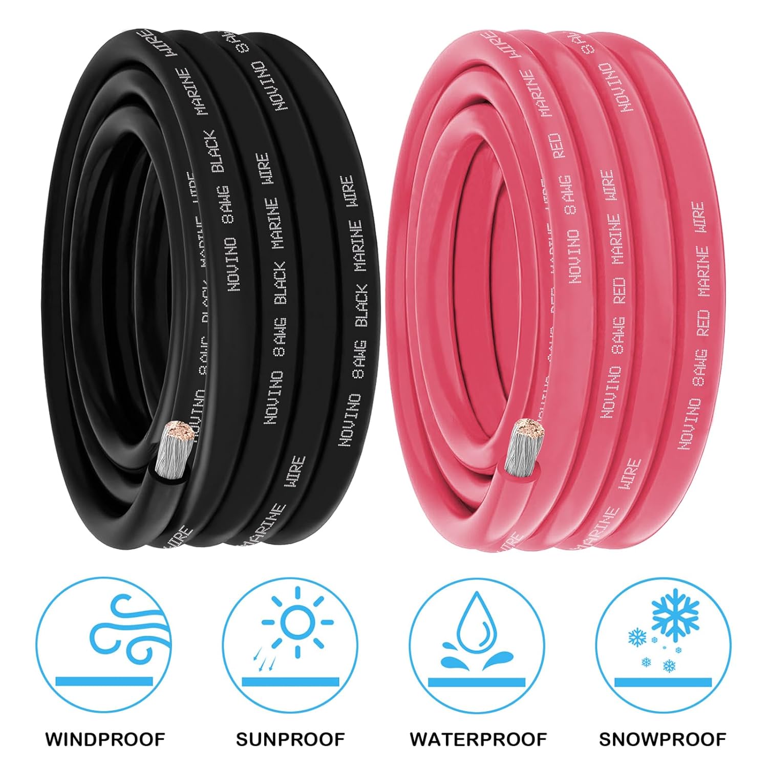 **8 AWG Marine Grade Wire - Tinned Copper Oxygen-Free Electrical Cable | 15FT Red & 15FT Black**