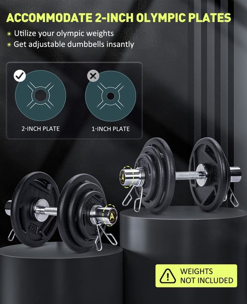 AboveGenius 16" Olympic Dumbbell Handles, Solid Steel Loadable Weight Bars for 2-Inch Plates, Adjustable Home Gym Strength Training Equipment (Includes 4 Spring Collars)