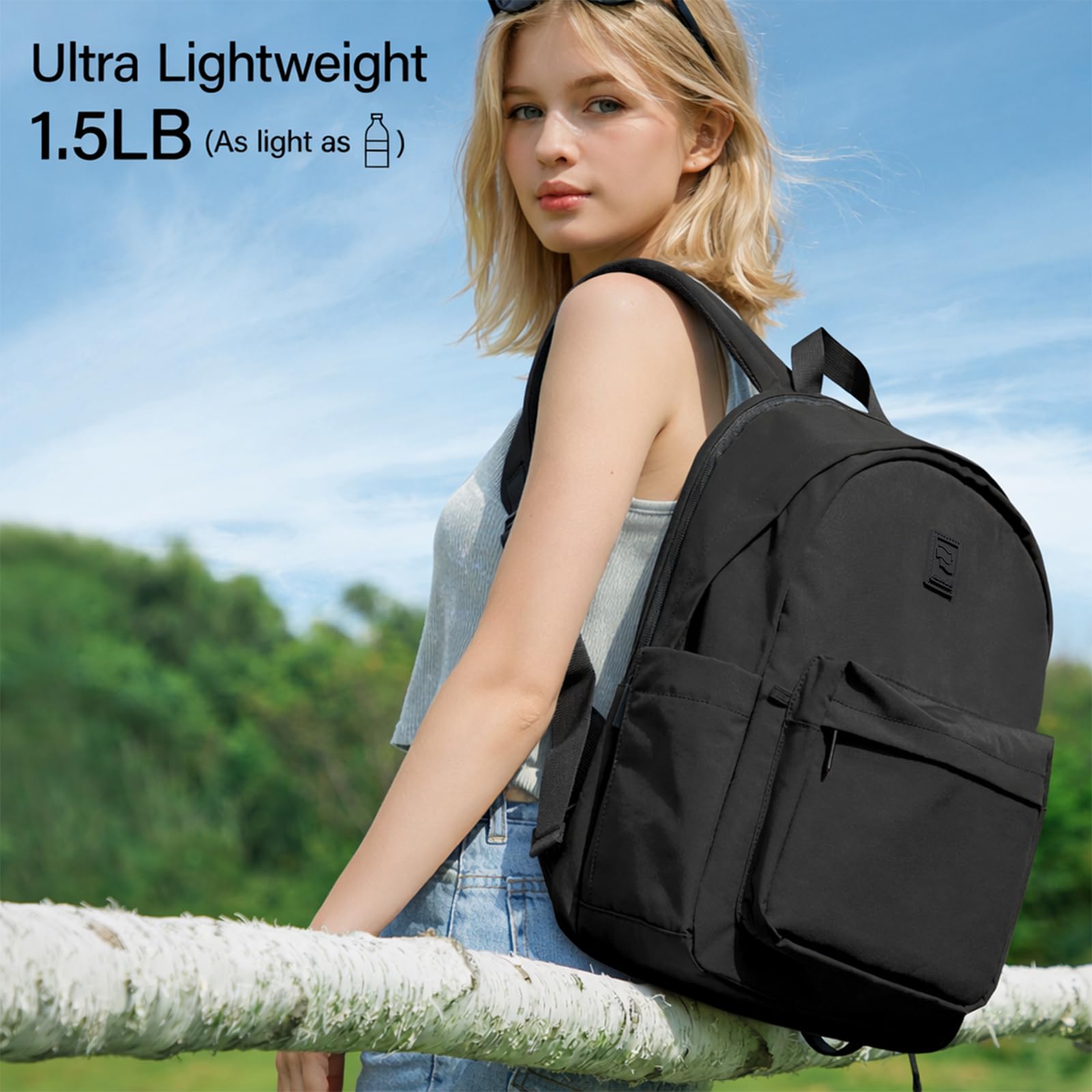 Hanke Travel Backpack for Women Men, 15.6 Inch Laptop College Backpack, Lightweight Small Computer Bookbag, Water-Resistant Casual Daypack, Black