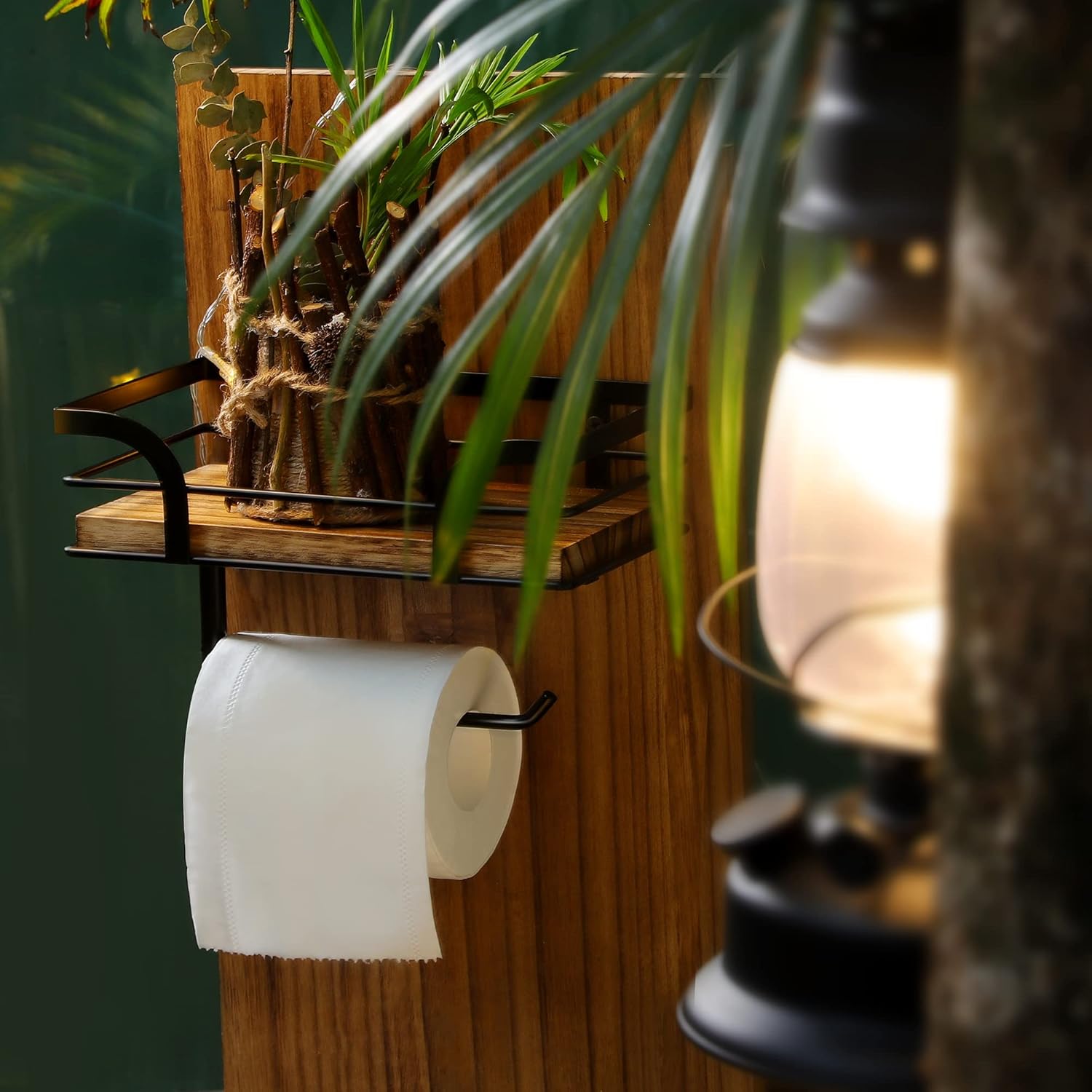 Rustic Farmhouse Toilet Paper Holder | Stylish Bathroom Organizer with Shelf - Warm Brown Wood & Black Metal
