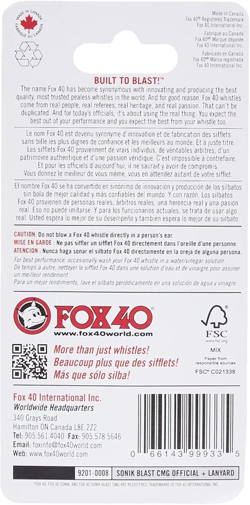 Fox 40 Sonik Blast CMG Whistle - Official Black Whistle with Breakaway Lanyard