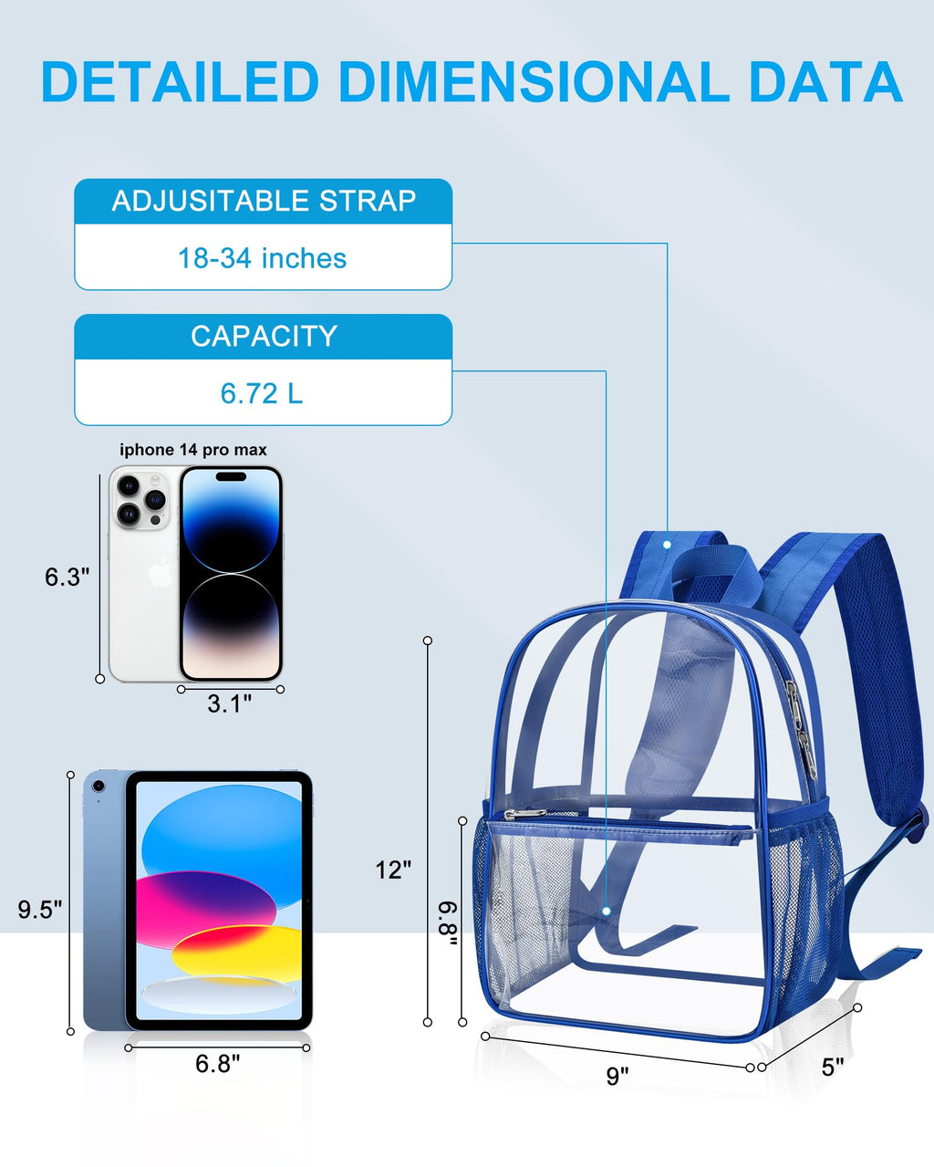 Paxiland Clear Backpack Stadium Approved, Size 12x9x4 Small Clear Bag for Stadium Events with Front Pocket, See Through Backpack for Sport Events Concert, Blue