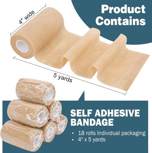 AZEN Self-Adhesive Bandage Wrap - 18 Pack, 4" x 5 Yards, Elastic Skin Color Athletic Tape