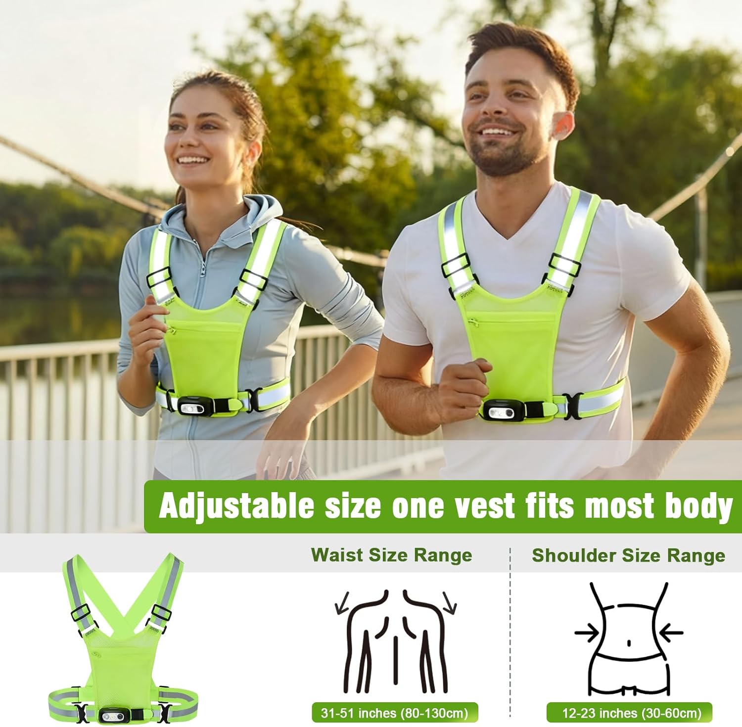 Skiennix Reflective Running Vest - 3-Mode Motion Sensor Lights & Adjustable Tilt | 360° Visibility, Green