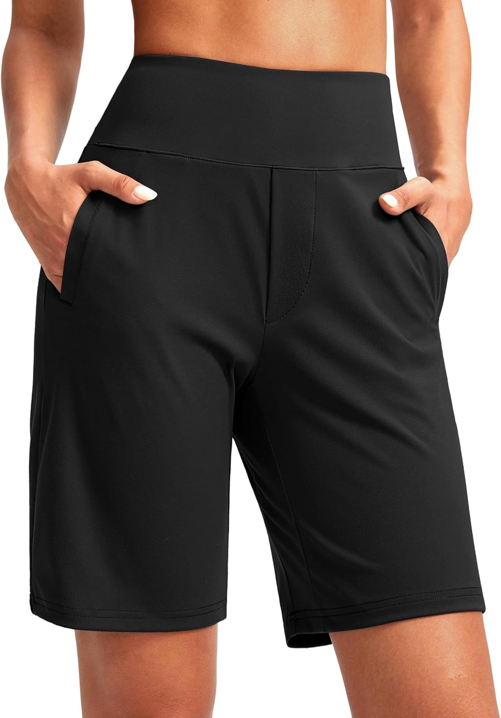 SANTINY Women's High Waisted Bermuda Shorts - 9" Knee Length with 4 Pockets for Athletic Casual Wear