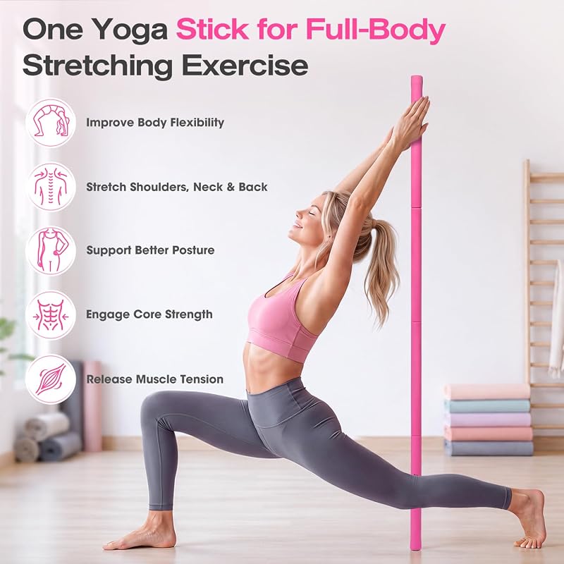 Yoga Stick Mobility Bar - Adjustable 4-Section Posture Stretch (Pink) KUZARO