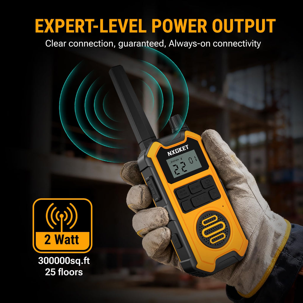 NXGKET Heavy Duty Walkie Talkies Adults, Long Range Two Way Radios, IP67 Waterproof, 2M Drop Proof, NOAA, Rechargeable, Dual PTT, Type C &Dock Charging, Emergency Radio 4 Pack, FCC Certified
