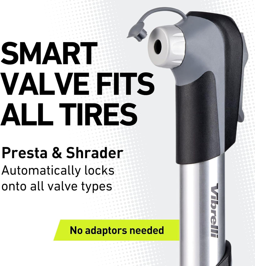 Vibrelli Mini Bike Pump - 120 PSI Presta & Schrader Tire Pump for Road & MTB - No Valve Change Required