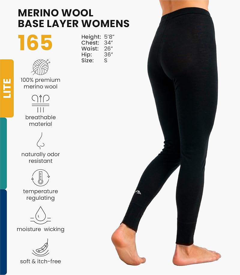 Black 165 g/m² Lightweight Merino Wool Base Layer Women’s Leggings (Medium) - 100% Merino