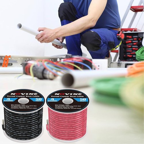 4 Gauge Marine Wire - 50FT Red & 50FT Black Tinned Copper Electrical Cable for Boats & Outdoor Use