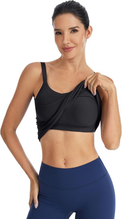 ATTRACO Ribbed Workout Tank Top - Built-In Bra Yoga U-Back Crop Top for Women | Tight Fit Gym Wear