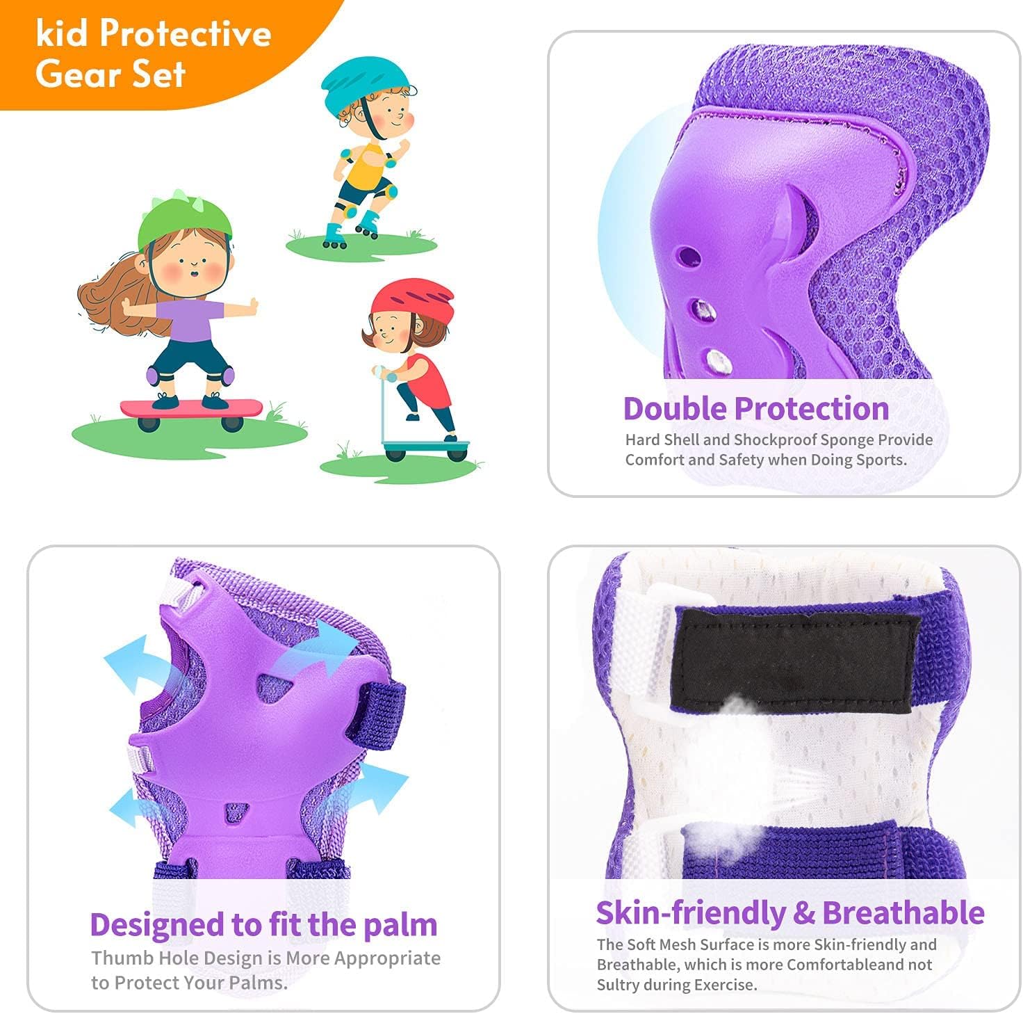 Skiennix Kids Protective Gear Set - Knee Pads, Elbow Pads & Wrist Guards | Ages 3-15 for Roller Skating, BMX & More