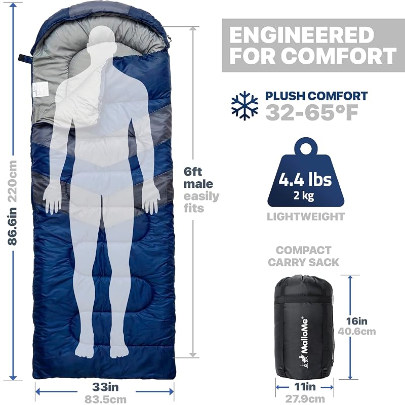 MalloMe Plush Comfort Sleeping Bag Set - 32°F-65°F, Navy Blue, 6ft Fit, Kids & Adults