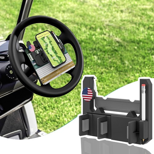 CartClan Golf Cart Steering Wheel Cell Phone Mount, Flip Up Phone Holder for Golf Cart Steering Wheel, Suitable for Club Car/EZGO/Yamaha Models, Mobile Phone Mount Wide 2"-3.5"