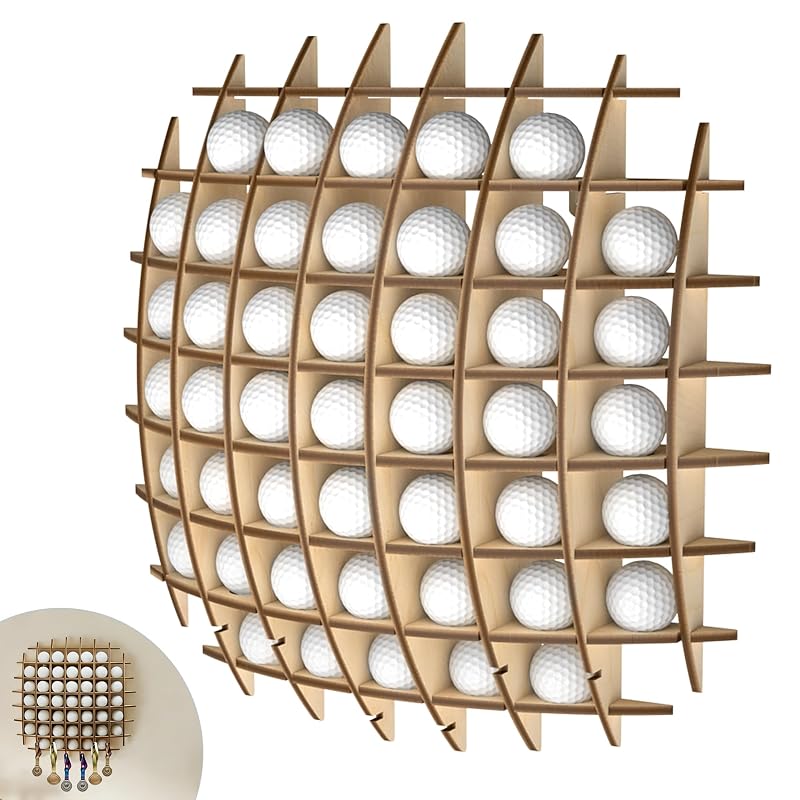 Wall-Mounted Golf Ball Display Case, 52-Ball Wooden Holder Rack
