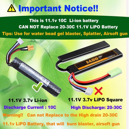 funkawa Water Bead Gel Ball Blaster 11.1V 2500mAh [Capacity and Discharge Upgraded ] Rechargeable Battery XT30 Plug with Charging Cable, Airsoft Battery 11.1V for Airsoft Gun Gel Ball Blaster(2-Pack)