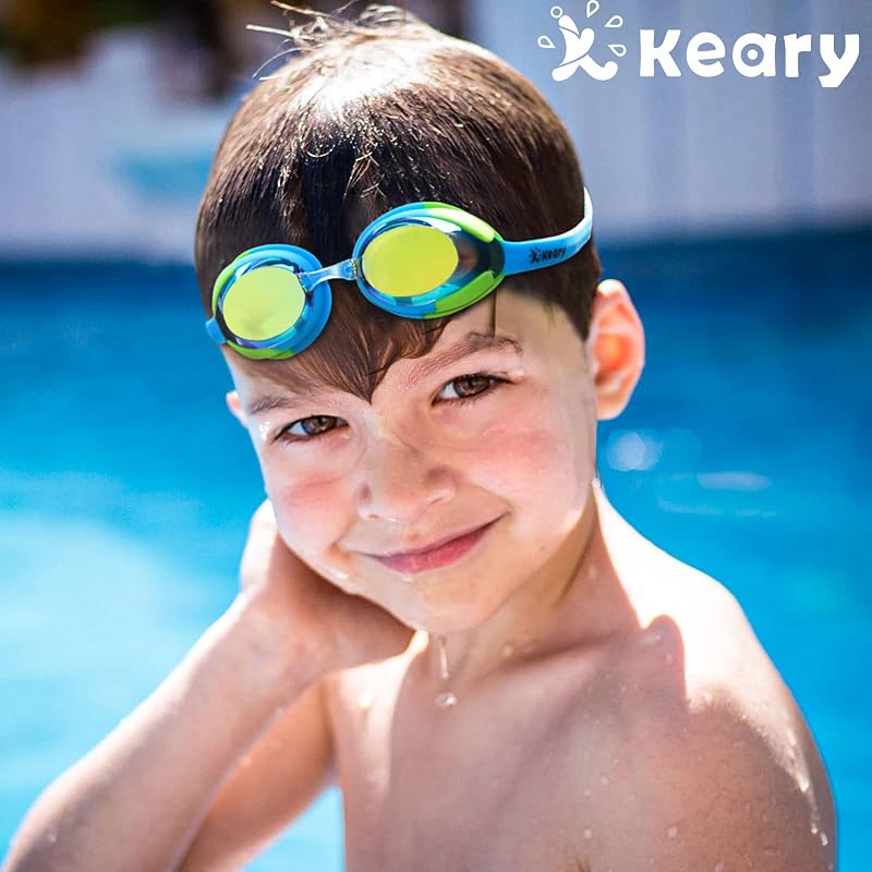 Kids Swim Goggles Anti-Fog UV - 3 Interchangeable Nose Pieces, Keary, Mirrored Green & Clear Blue