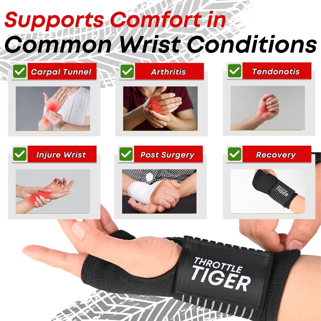 Throttle Tiger – Motorcycle Wrist Brace Adjustable Wrist Wraps for Bikers, Wrist Support Reduces Hand Pain and Absorbs Vibration, Enhancing Comfort and Stability (Large)