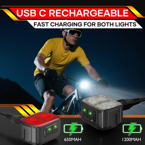 HinsGEAR Bike Lights Rechargeable Bicycle Light Super Bright 8+12 Modes, IPX6 Waterproof Bike Lights for Night Riding Cycling Safety, Front and Rear Back Taillight, Long Battery Life