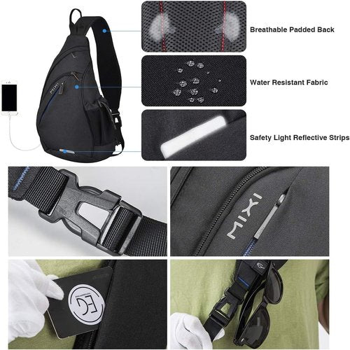 Mixi Sling Bag | Unisex One Shoulder Backpack with USB Port - Versatile Casual Daypack, 19 Inch, Black