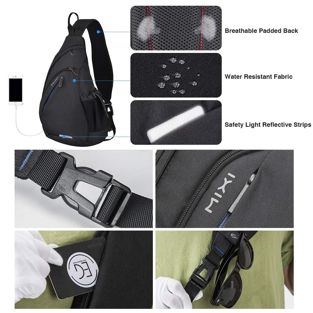 mixi Sling Bag Men Backpack Unisex One Shoulder Bag Hiking Travel Backpack Crossbody with USB Port for Men Women Versatile Casual Daypack-17 inch,Black
