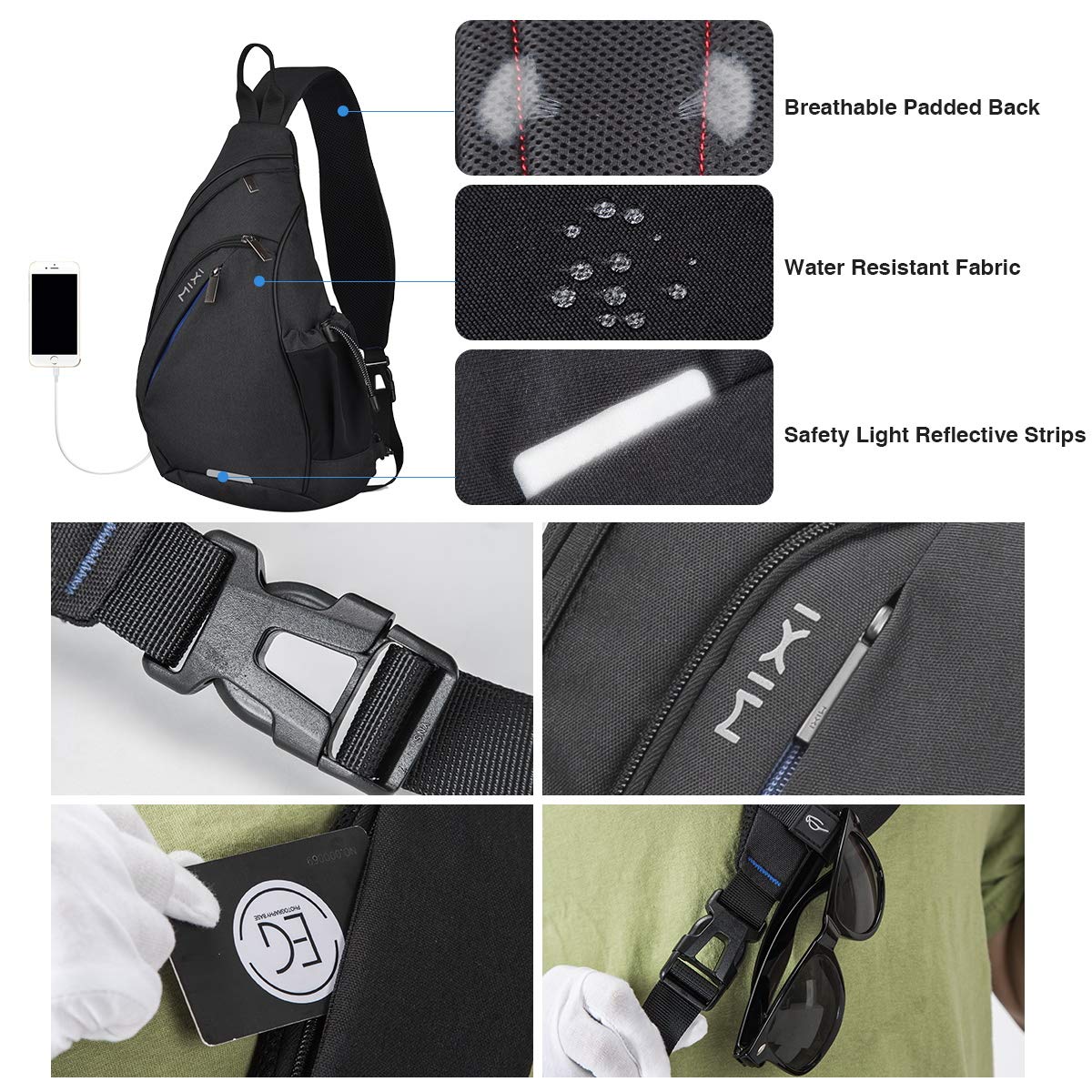 mixi Sling Bag Men Backpack Unisex One Shoulder Bag Hiking Travel Backpack Crossbody with USB Port for Men Women Versatile Casual Daypack-17 inch,Black