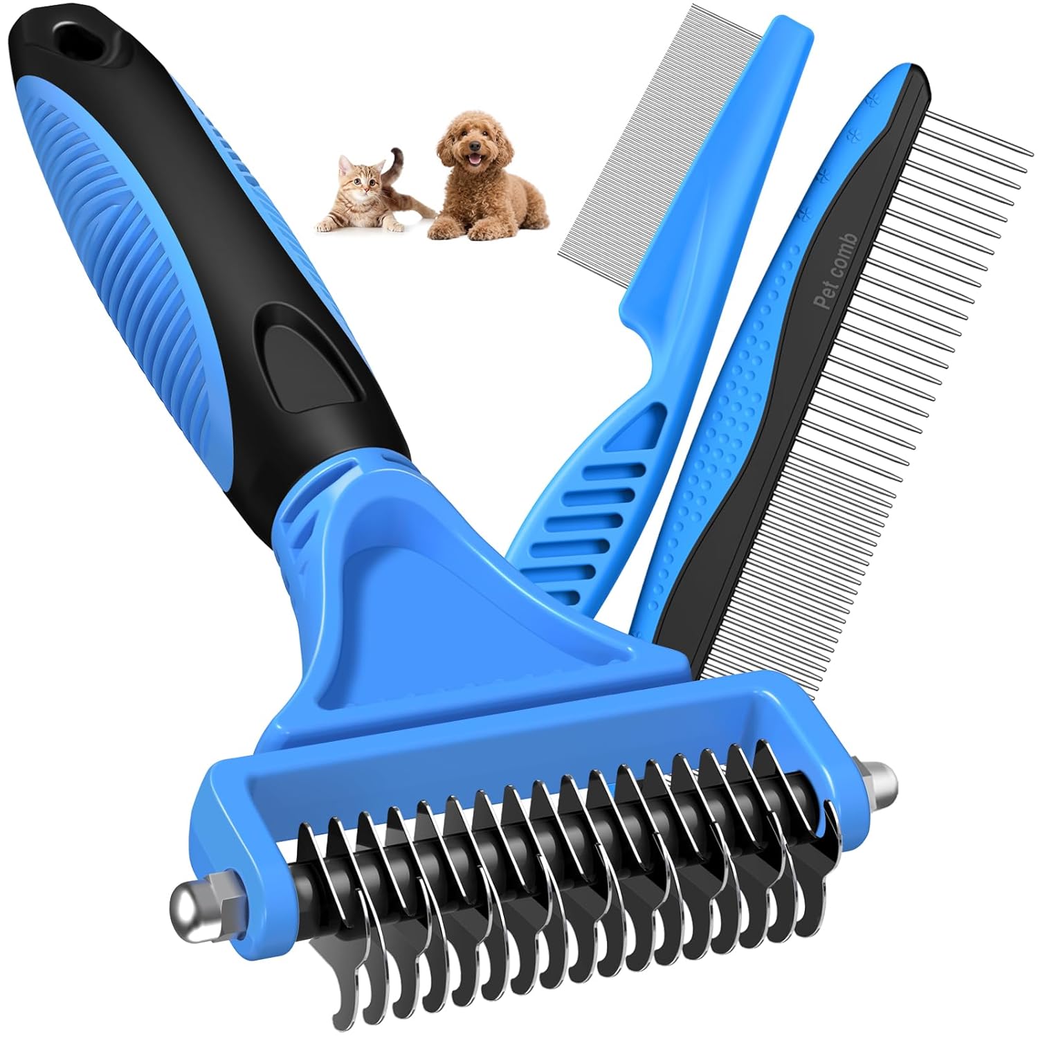 Skiennix Pet Grooming Set - 3PCS Double-Sided Rake, Metal Comb & Flea Comb for Cats & Dogs | Extra-Wide Deshedding Tool (Blue)