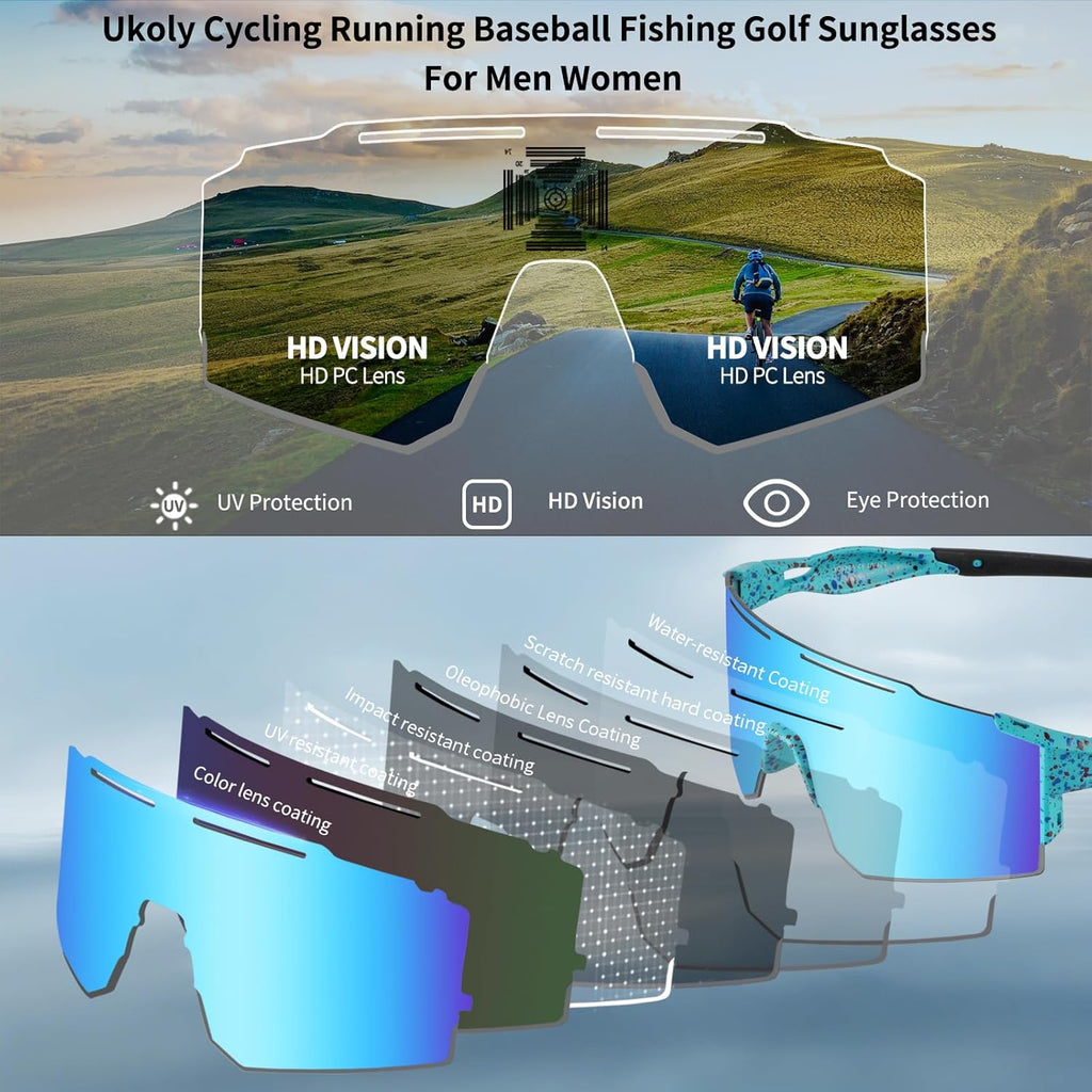 Ukoly Cycling Sunglasses - Polarized Sports Eyewear with 3 Interchangeable Lenses | Unisex Design