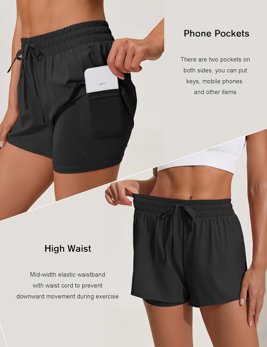 PINSPARK Women's 2-in-1 Running Shorts - Quick-Dry Athletic Gym Shorts with Liner Pockets