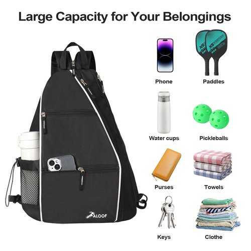 ALOOF Pickleball Bag for Man and Women, Adjustable Pickleball, Racketball Sling Bag, Backpack With Water Bottle Holder for Men, Black