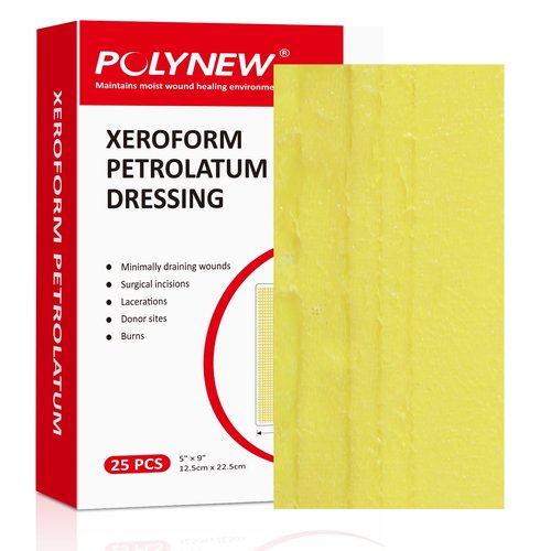 POLYNEW Xeroform Petrolatum Dressing 5"x9", 25 PCS Non-Adherent Gauze for Low Exudating Wounds, Fine Mesh Gauze Pads for Burns, Abrasions, Lacerations, Skin Grafts and Surgical Incisions
