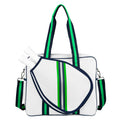 Queen of the Court Brooklyn Pickleball Bag with fence hook Cute Functional White Pickleball Tote Bag with Compartments for Water Bottle, Paddles, Balls & Accessories. (White Navy/Green/Silver)