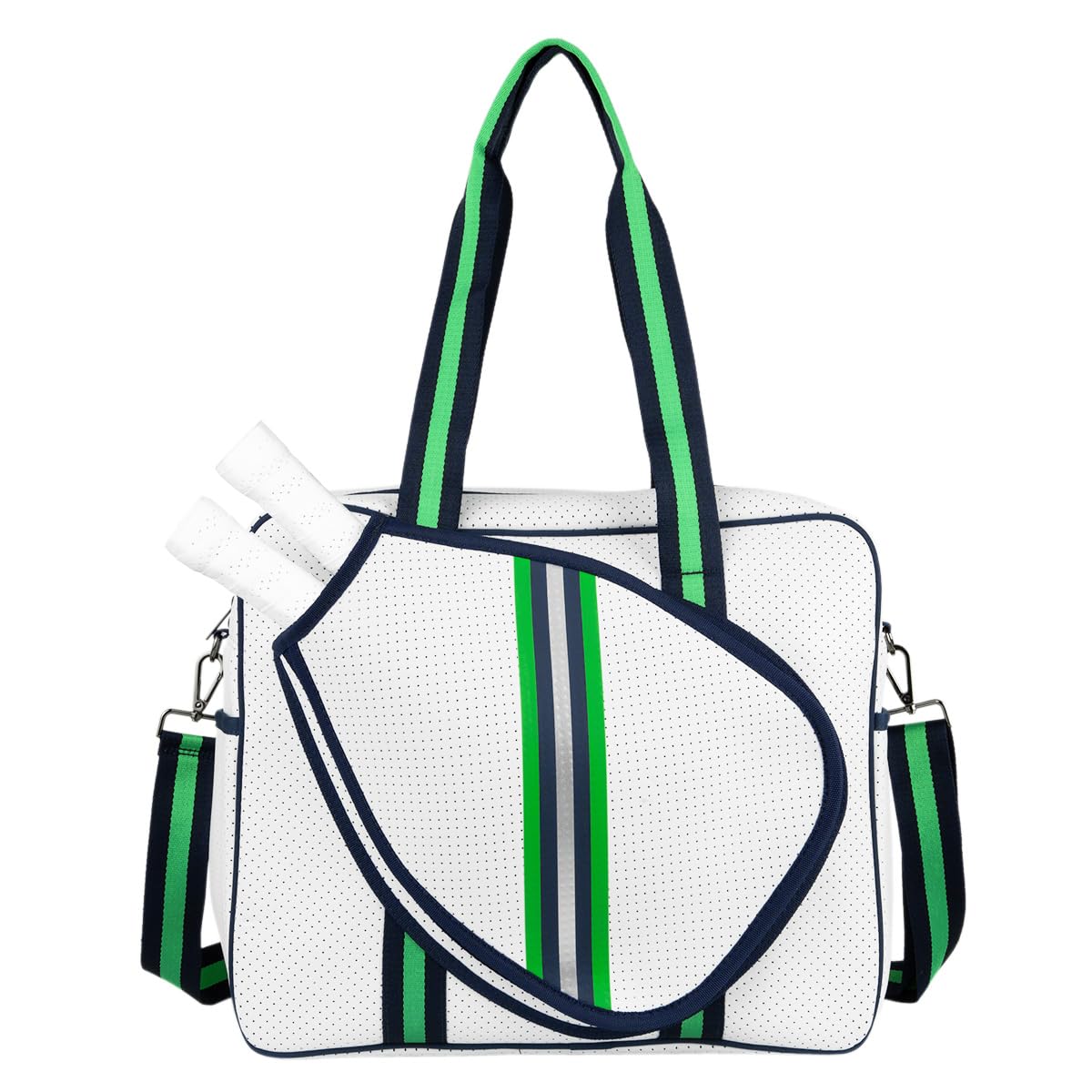 Queen of the Court Brooklyn Pickleball Bag with fence hook Cute Functional White Pickleball Tote Bag with Compartments for Water Bottle, Paddles, Balls & Accessories. (White Navy/Green/Silver)