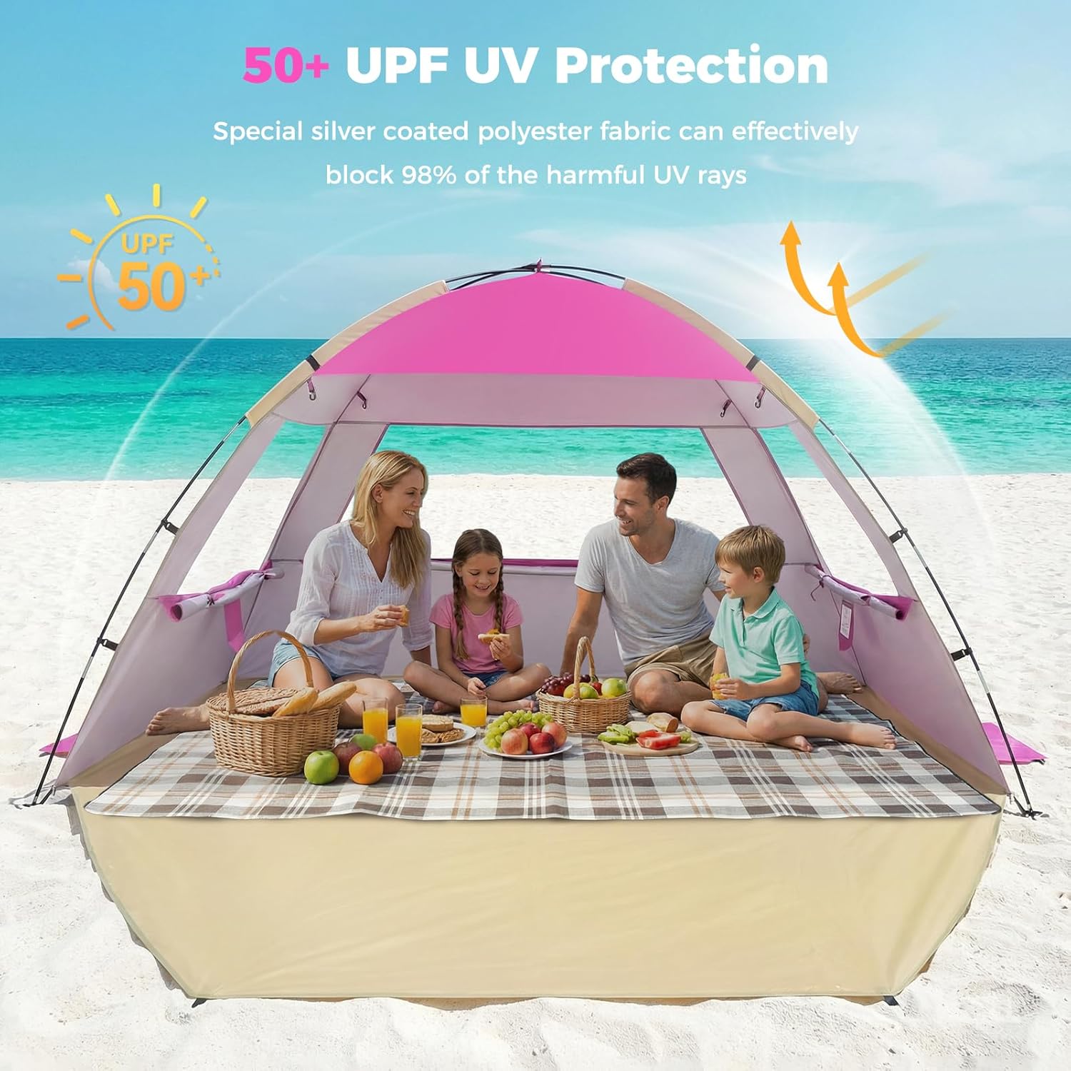 Venustas Beach Tent - Portable Sun Shelter with UPF 50+ UV Protection | Fits 3-8 People, Easy Setup