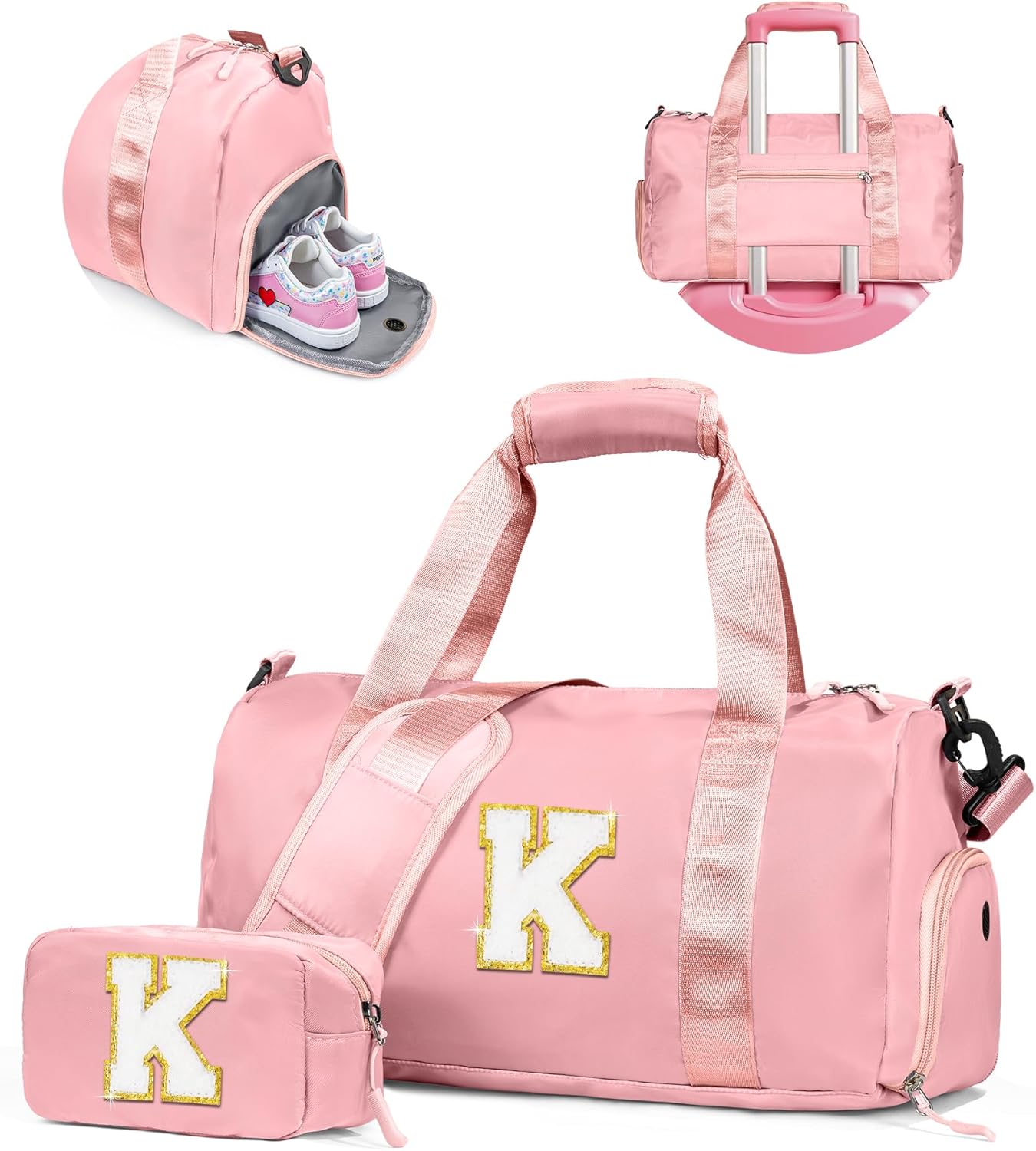 Skiennix Girls Gym Bag - Personalized Weekender Tote with Shoe Compartment & Makeup Pouch | Ideal Graduation Gift for Kids (Letter K)
