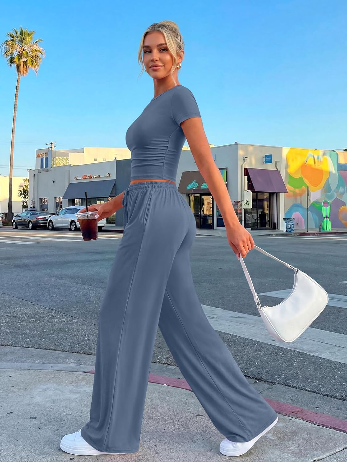 Trendy Queen 2-Piece Summer Lounge Set - Women's Wide Leg Pants & Ruching Crop Top