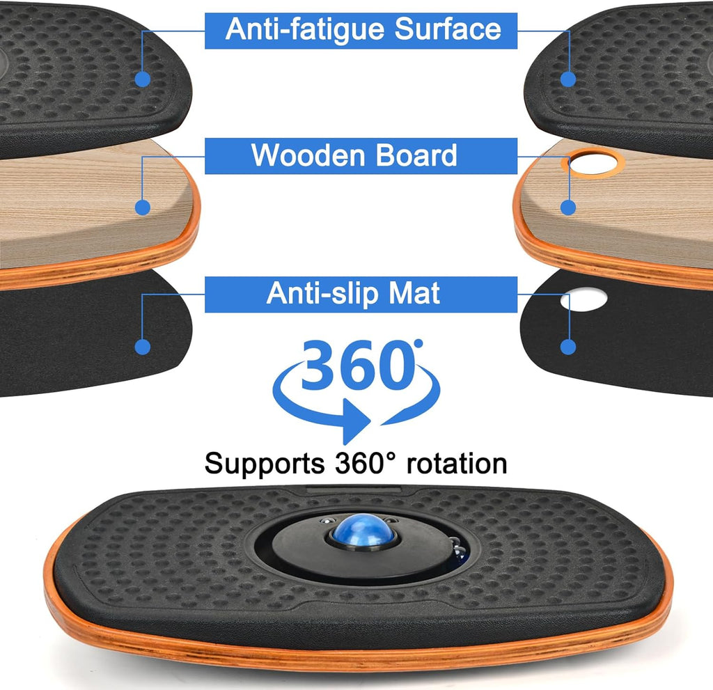 Skiennix Standing Desk Anti-Fatigue Mat - 360° Rotating Wooden Wobble Board for Home & Office