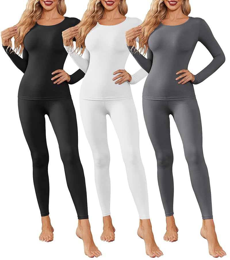 Thermal Underwear for Women Long Johns Base Layer Pajama Sets Black/White/Deep Grey - Medium