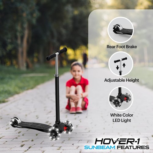 Hover-1 Sunbeam Kick Scooter with Multicolor Wheel Lights, 4.5” Front Wheels, Rear Foot Brake, and 110 Pound Weight Capacity, Black