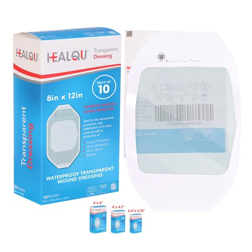 Transparent Film Dressing 8" x 12" (10 Pack) – Waterproof Adhesive Wound Bandages for Post-Surgical Shower, IV Shield, Tattoo Aftercare, Clear Breathable Dressing Patches by HEALQU