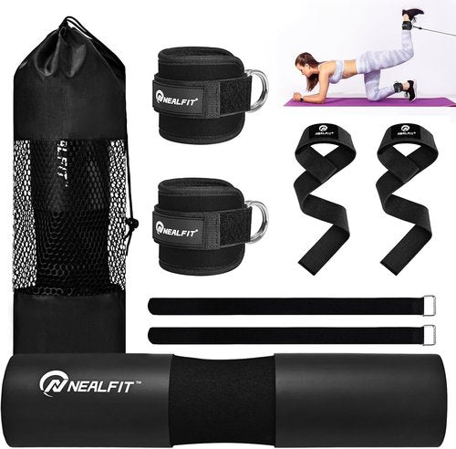 NEALFIT Barbell Pad Set - Heavy Duty Squat Pad with Lifting & Ankle Straps for Weightlifting | Home Gym Essential