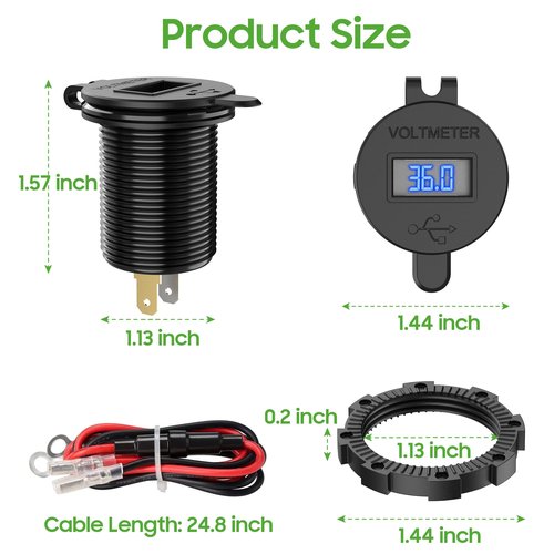 10L0L Golf Cart Quick Charge 3.0 Dual USB Outlet Fast Charger Socket for Yamaha Club Car EZGO Car Boat Marine RV ATV Truck, Metal Shell Safe Charging Socket with LED Digital Voltage Meter (12-48V)